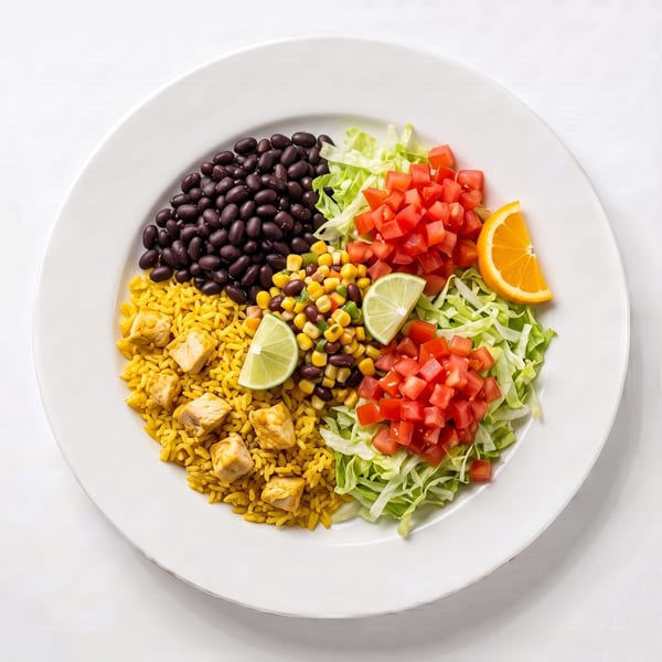 A colorful chicken and rice bowl with black beans, corn, tomatoes, lettuce, and lime.
