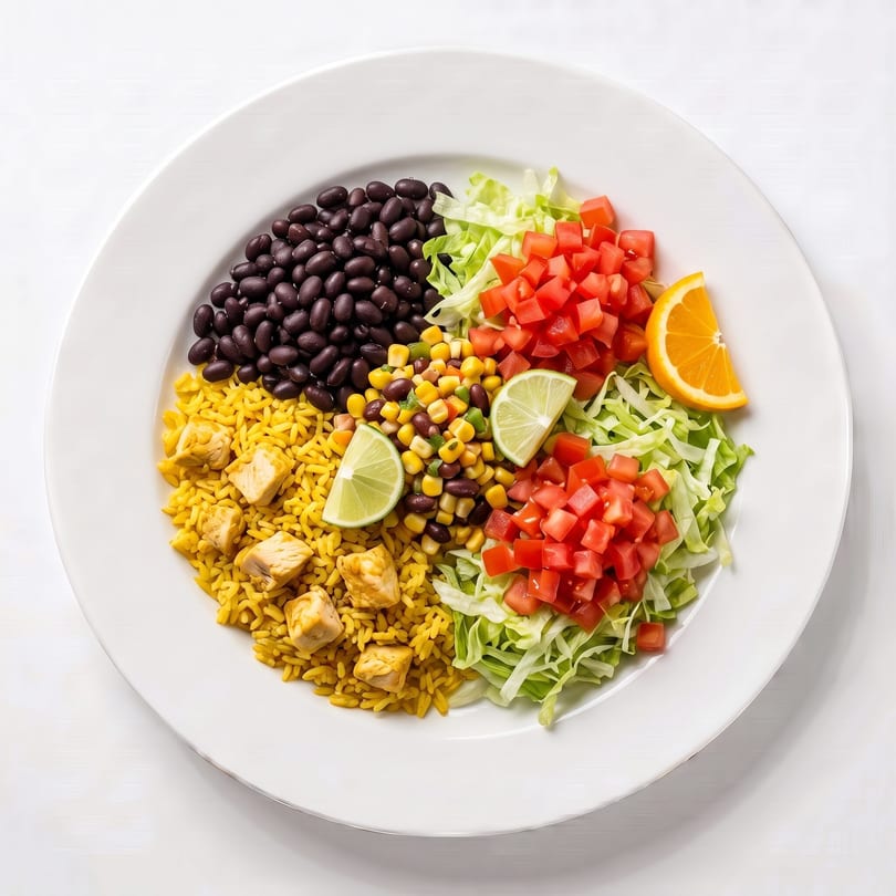 A colorful chicken and rice bowl with black beans, corn, tomatoes, lettuce, and lime.