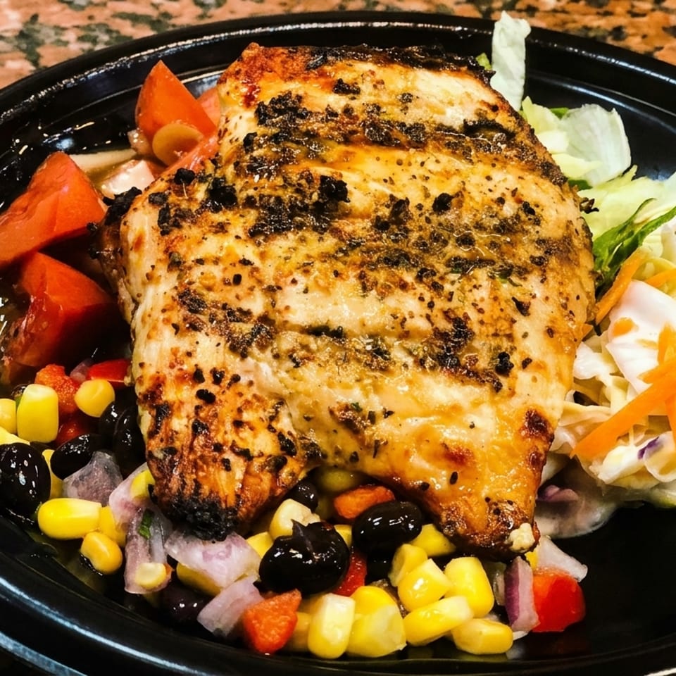 Grilled chicken breast with corn, black beans, tomatoes, and coleslaw in a black bowl.